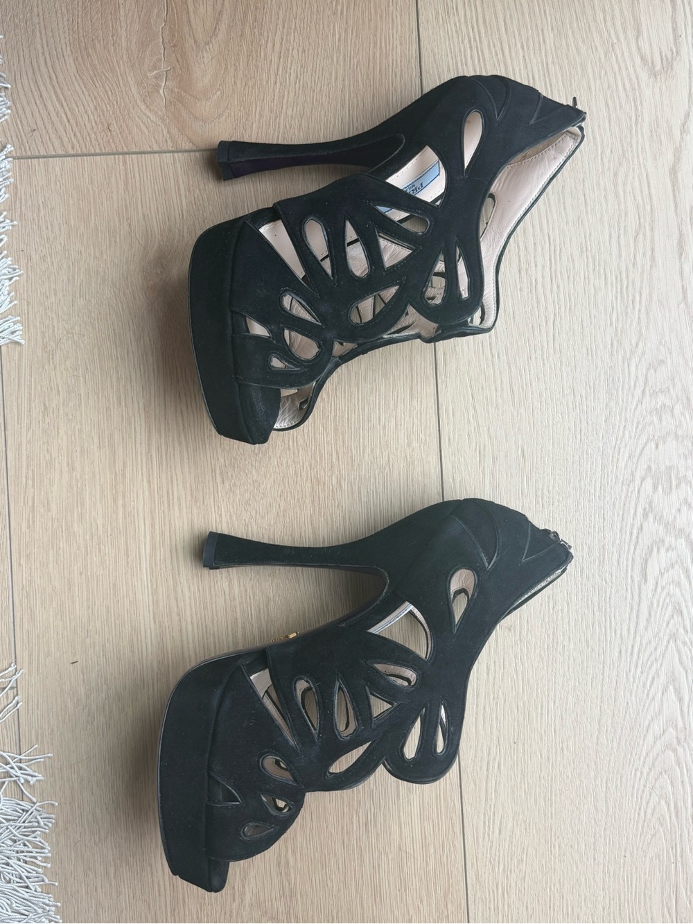 Prada Black Suede Cutout Platform Peep Toe Heels Size 37 - Picture 2 of 8